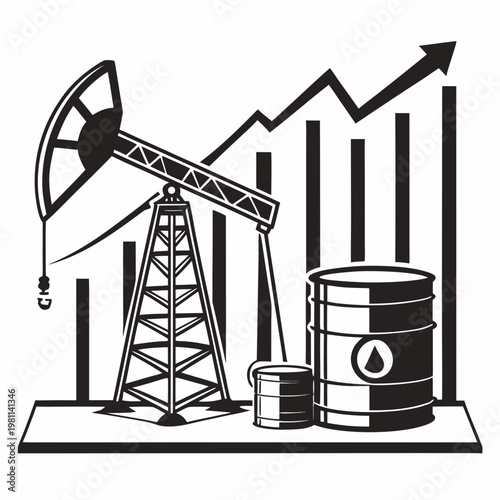 A black and white illustration depicts an oil pump a barrel and a rising graph symbolizing energy market growth and oil production