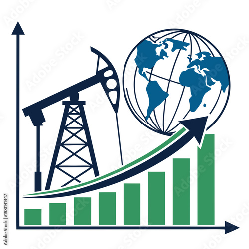 An illustrative graphic depicts a rising economic trend linked to oil extraction and global reach symbolizing energy market growth high quality professional