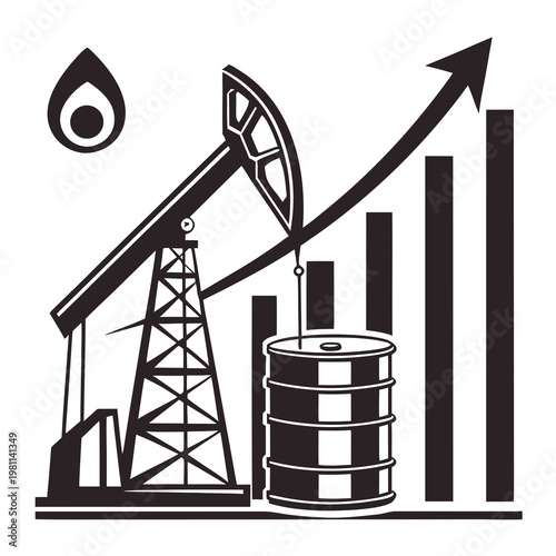 A graphic illustration depicts an oil pump a barrel and a rising bar graph symbolizing growth in the petroleum industry high quality