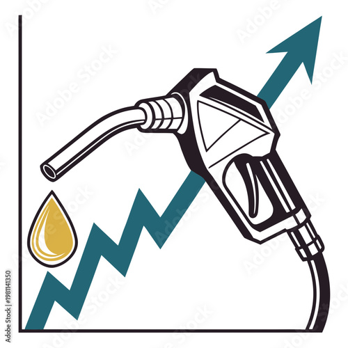 An illustration depicts a fuel pump nozzle with a rising graph line symbolizing increasing gas prices and energy costs high quality professional