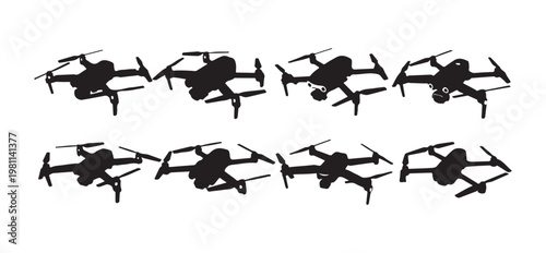 Eight different drone silhouettes flying from top view and side view on grid.