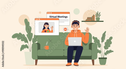 Man on Sofa with Laptop Participating in Virtual Meeting with Colleagues