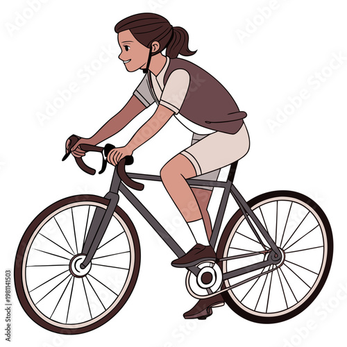 A digital illustration depicts a young woman cheerfully riding a vintage style bicycle on a white background showcasing active lifestyle high quality