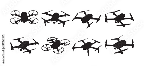 Drone icons collection set of unmanned aerial vehicle silhouettes flying equipment technology vector.