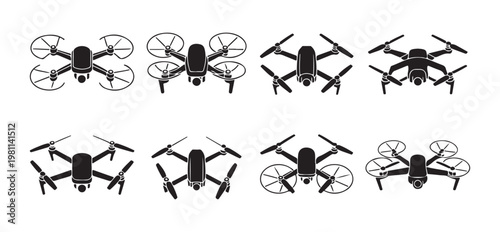 Unmanned aerial vehicle graphic collection featuring detailed drone silhouettes with propeller guards.