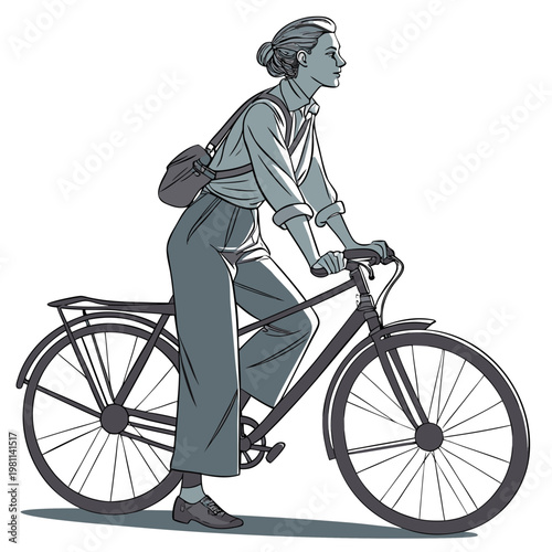 A stylized illustration depicts a young woman in vintage attire riding a classic bicycle suggesting a sense of freedom and simple living