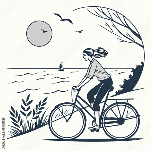 A serene illustration depicts a woman riding a bicycle along a coastal path with birds flying overhead and a distant sailboat