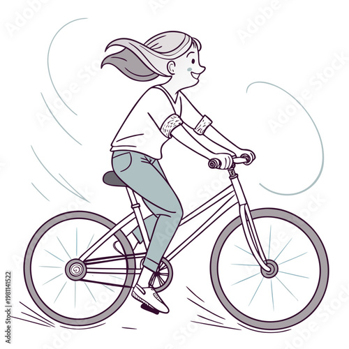 A cheerful young woman with flowing hair is joyfully riding a bicycle outdoors enjoying a breezy and active lifestyle high quality professional