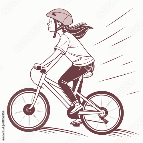 A young woman with long hair is depicted joyfully riding a bicycle at speed illustrated in a simple line art style