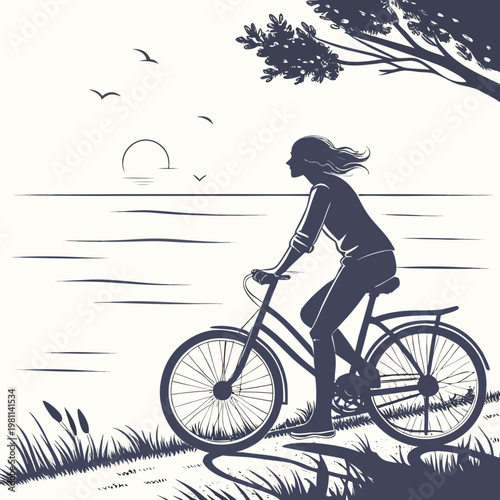 A silhouette of a woman riding a bicycle along a shoreline under a partial sun and birds in flight high quality professional