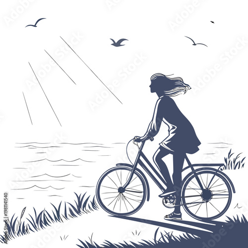 Canvas Print A stylized illustration depicts a woman riding a bicycle along a coastal path wi