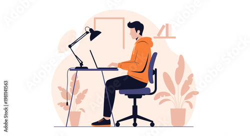 Man working on laptop at desk with lamp and plants, modern home office illustration