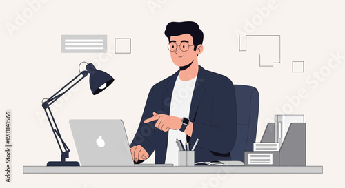 Man working on laptop at desk with lamp, office supplies, and files