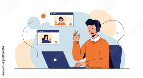 Man on Video Call with Colleagues, Remote Work Concept