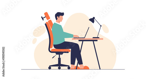 Man working on laptop at desk, comfortable home office setup, ergonomic chair