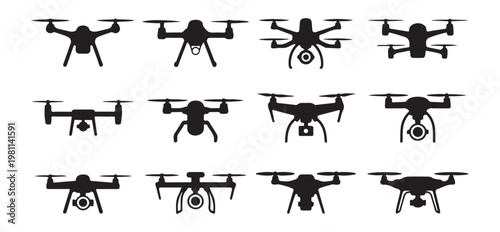 Front view drone silhouettes set including models with cameras and landing gear for aerial monitoring.