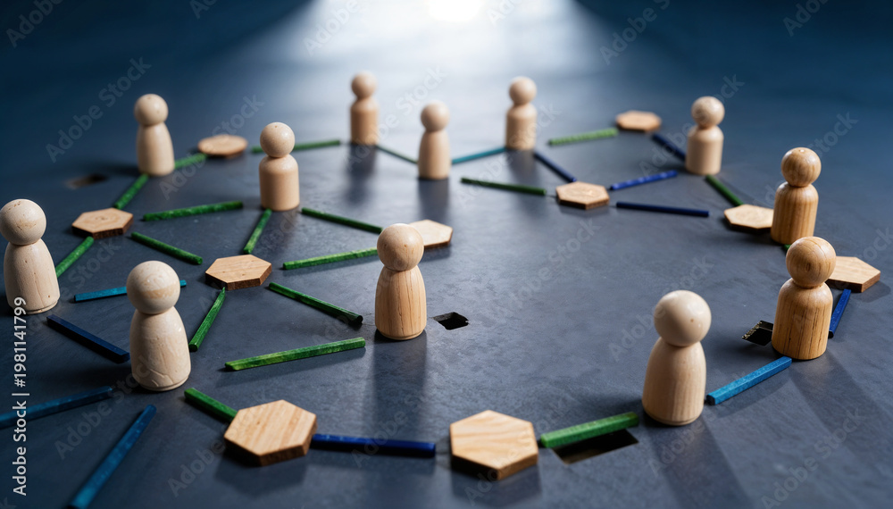 Obraz premium Wooden figures connected by lines forming a network, symbolizing connection, community, and collaboration