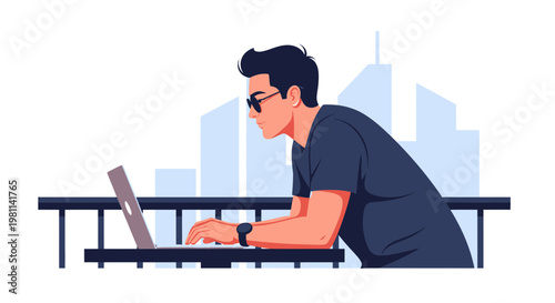 Man working on laptop on balcony with city skyline background