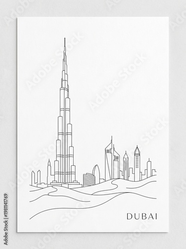 Minimalist Dubai landmark line art poster,
featuring Burj Khalifa, desert dunes, and skyline,
clean thin lines, modern luxury style, black ink on white background