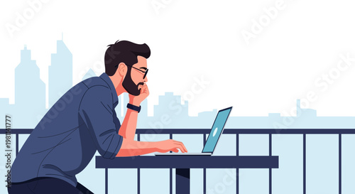 Man working on laptop on balcony with city skyline background