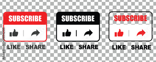 Social media subscribe button set with like and share icons in red black and white outline and flat styles.