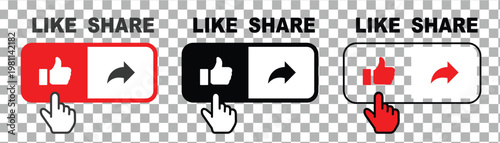 Like and share button set with thumbs up and arrow icons in red black and white styles for social media.