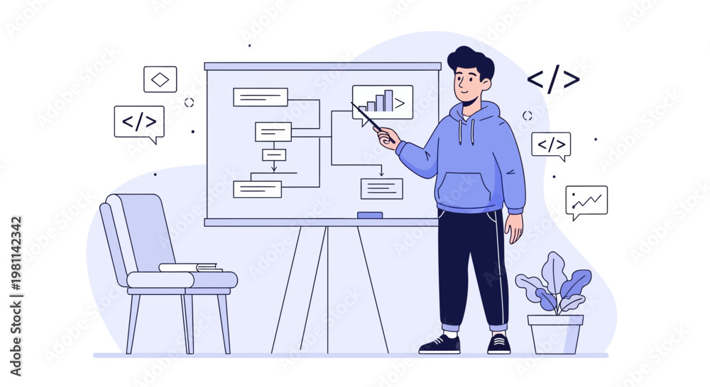 Obraz premium Man Presenting Flowchart on Whiteboard, Coding and Data Analysis Concept