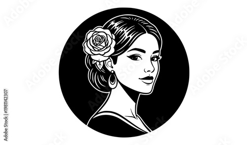 Spanish woman avatar vector clipart rose hair icon black and white portrait