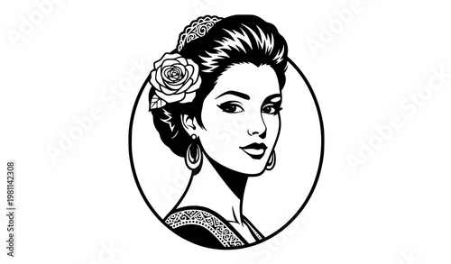 Spanish woman with rose avatar vector clipart black and white portrait icon