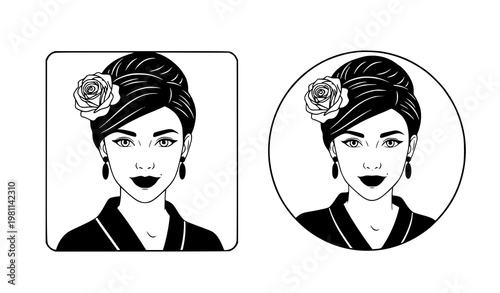 Spanish woman rose hair avatar vector icon black and white profile design