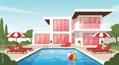 Modern Luxury House with Swimming Pool, Sun Loungers and Garden Landscape, Summer Vacation Villa Exterior Architecture Concept Vector Illustration