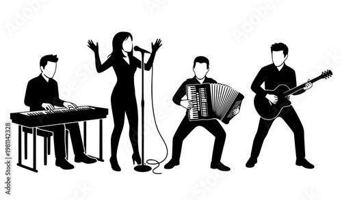 Singer woman with band silhouettes vector clipart music musicians set