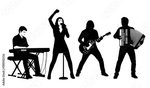 Female vocalist with musicians vector silhouette set band performance
