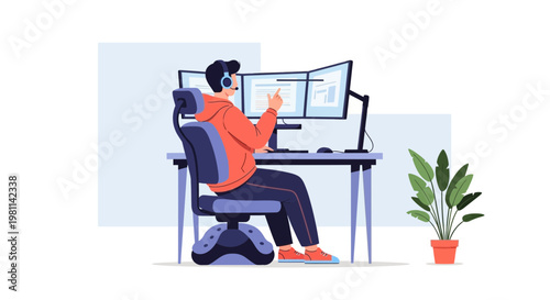 Man working on multiple computer monitors, wearing headset, focused on screen