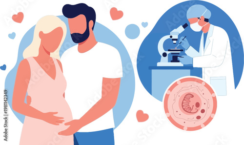 Pregnancy and Fertility Concept with Expecting Couple, Medical Research, IVF Laboratory, Embryo Development and Reproductive Health Care Vector Illustration