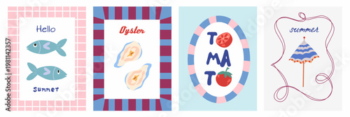 Hand drawn la dolce vita doodles. Wall art with fish, oyster, tomatoes, umbrella icon. Minimalist set of mediterranean vector illustration for invitations, stationery, printables, social media, poste