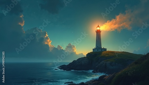 White lighthouse tower glows at dusk on rocky cliff above ocean. Light beam swepic across dramatic clouds and dark blue sea. Peaceful coastal landscape at twilight.