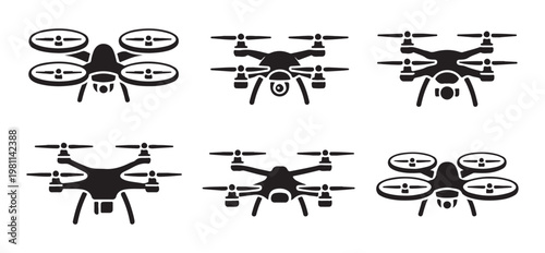 Set of black drone icons with rotors propellers cameras and delivery boxes on transparent background.