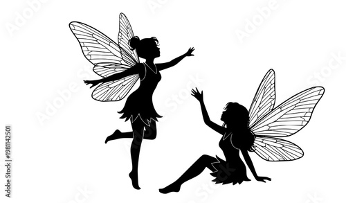 Two fairy silhouette vector clipart cute fantasy wings illustration