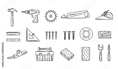 Vintage Carpenter Hand Tools Outline Icon Set for Woodworking Workshop and DIY Repair Equipment Vector Pack