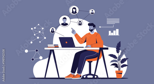 Man working remotely, connecting with colleagues online, data analysis and teamwork concept