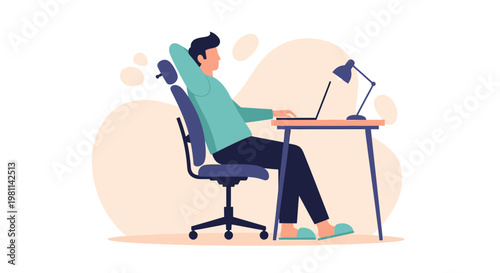 Man relaxing at desk with laptop, working from home concept