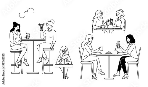 Women sitting cafe bar nightlife vector clipart black and white illustration