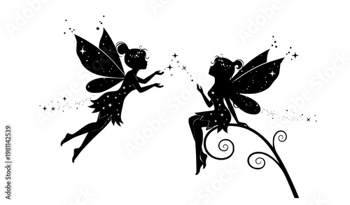 Cute fairy silhouette vector illustration two magical characters set