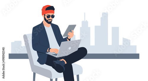 Man Working Remotely with Laptop and Tablet in Modern City