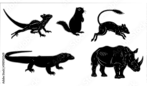 Photos Animal silhouettes vector set basilisk squirrel komodo jerboa rhinoceros