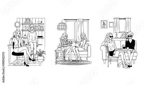 Pretty women sitting nightlife vector illustration black and white bar cafe set