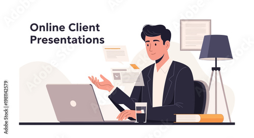 Online Client Presentations: Businessman Working Remotely on Laptop