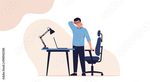 Man Stressed at Desk with Laptop, Office Chair, Desk Lamp