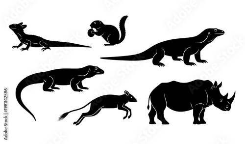 Animal silhouette collection vector basilisk komodo rhino wildlife set